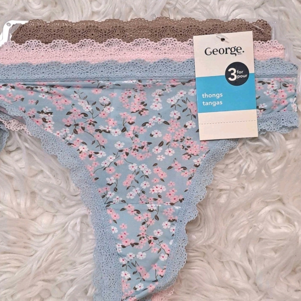 Brand New George 3 Pairs Floral Lace Trim Thongs